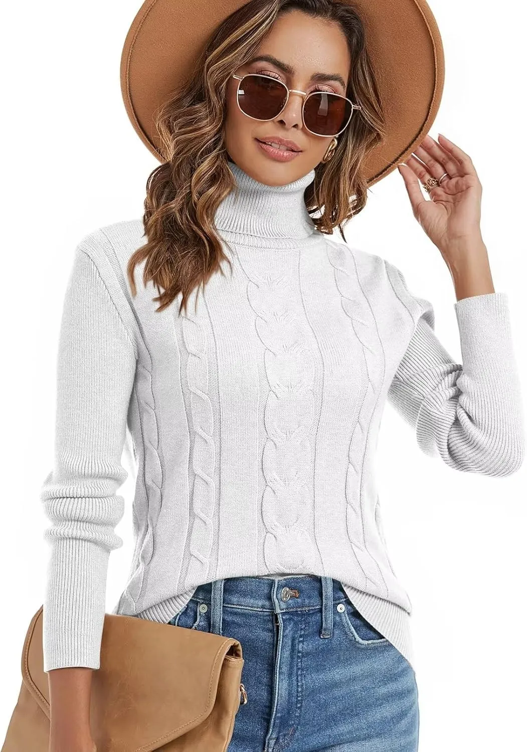 Wkior Women's Long Sleeve Turtleneck Cozy Knit Sweater Casual Loose Fashion Pullover Jumper Tops