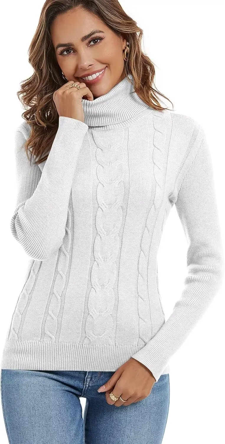 Wkior Women's Long Sleeve Turtleneck Cozy Knit Sweater Casual Loose Fashion Pullover Jumper Tops