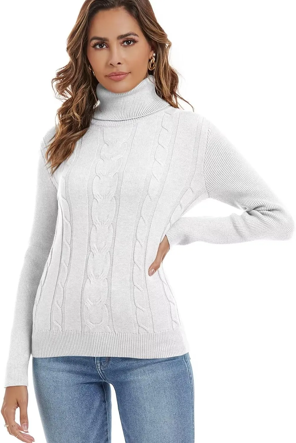 Wkior Women's Long Sleeve Turtleneck Cozy Knit Sweater Casual Loose Fashion Pullover Jumper Tops