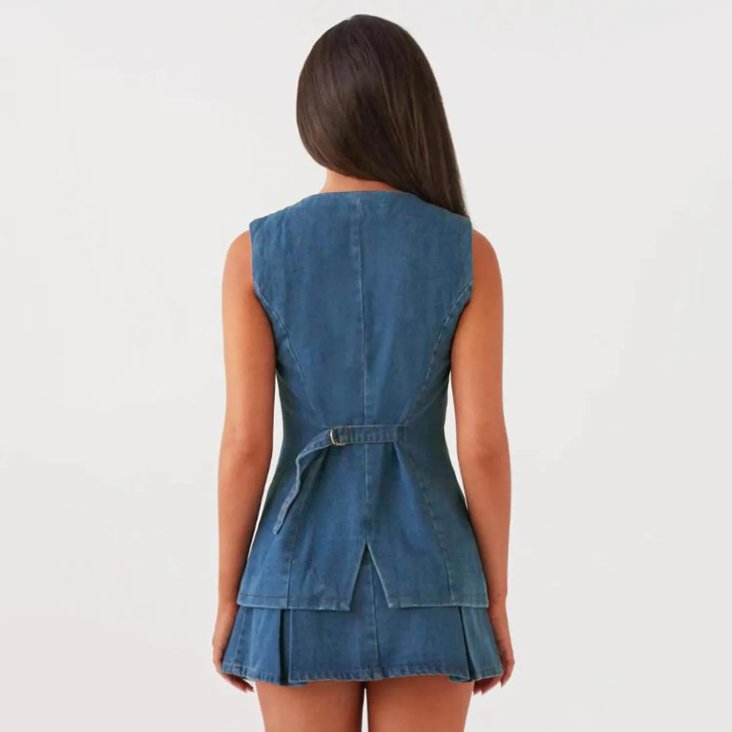 Woman Denim Skirts Outfits Casual Short Jean Vest Tops Front Button Slit Slim Denim Waistcoat Crew Neck Sleeveless Top
