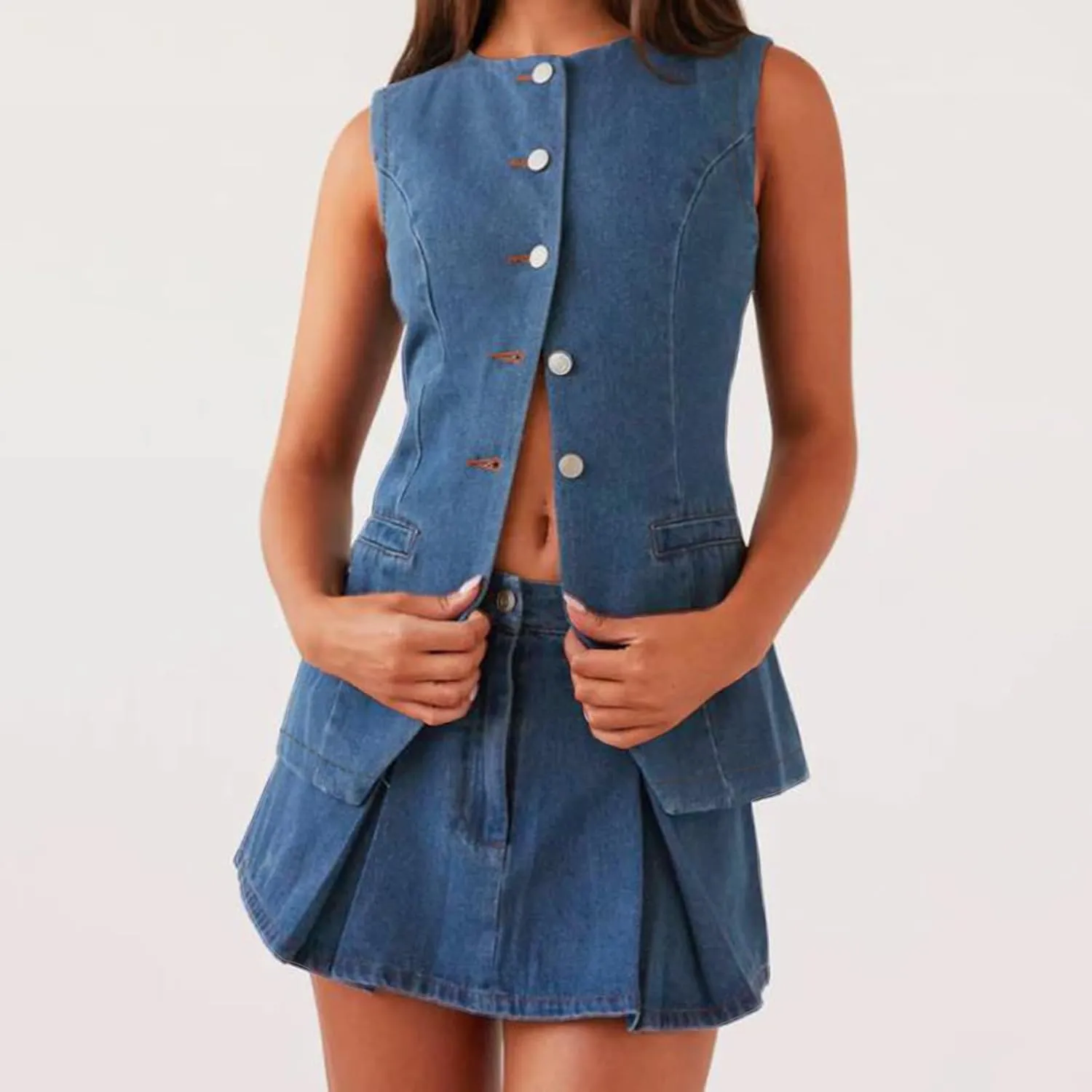 Woman Denim Skirts Outfits Casual Short Jean Vest Tops Front Button Slit Slim Denim Waistcoat Crew Neck Sleeveless Top