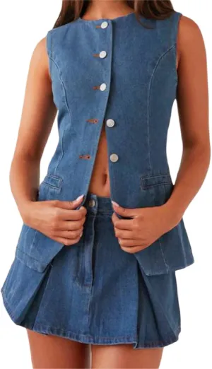 Woman Denim Skirts Outfits Casual Short Jean Vest Tops Front Button Slit Slim Denim Waistcoat Crew Neck Sleeveless Top