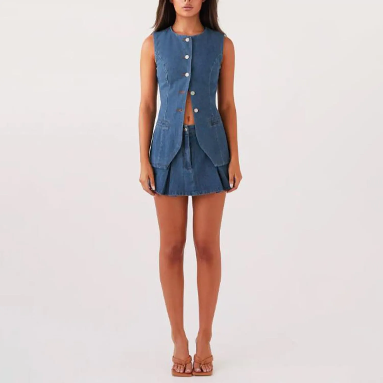 Woman Denim Skirts Outfits Casual Short Jean Vest Tops Front Button Slit Slim Denim Waistcoat Crew Neck Sleeveless Top