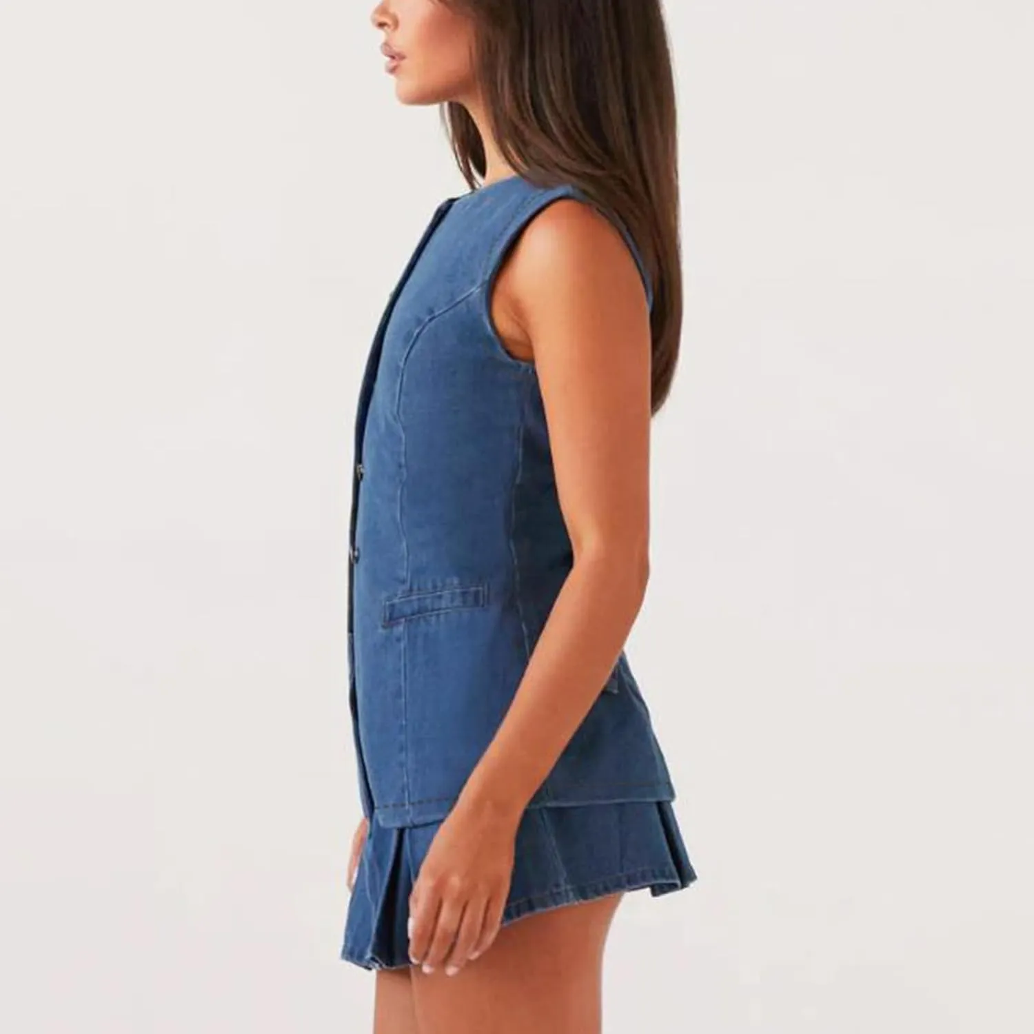 Woman Denim Skirts Outfits Casual Short Jean Vest Tops Front Button Slit Slim Denim Waistcoat Crew Neck Sleeveless Top