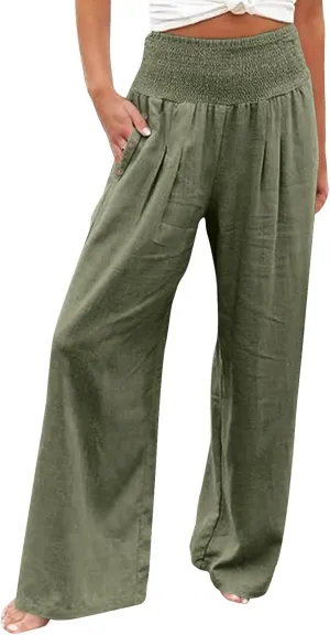 Women Beach Linen Pant Trendy Wide Leg Hawaiian Joggers Boho Flowy Trouser Office Work Relax Fit Palazzo Casual Pants