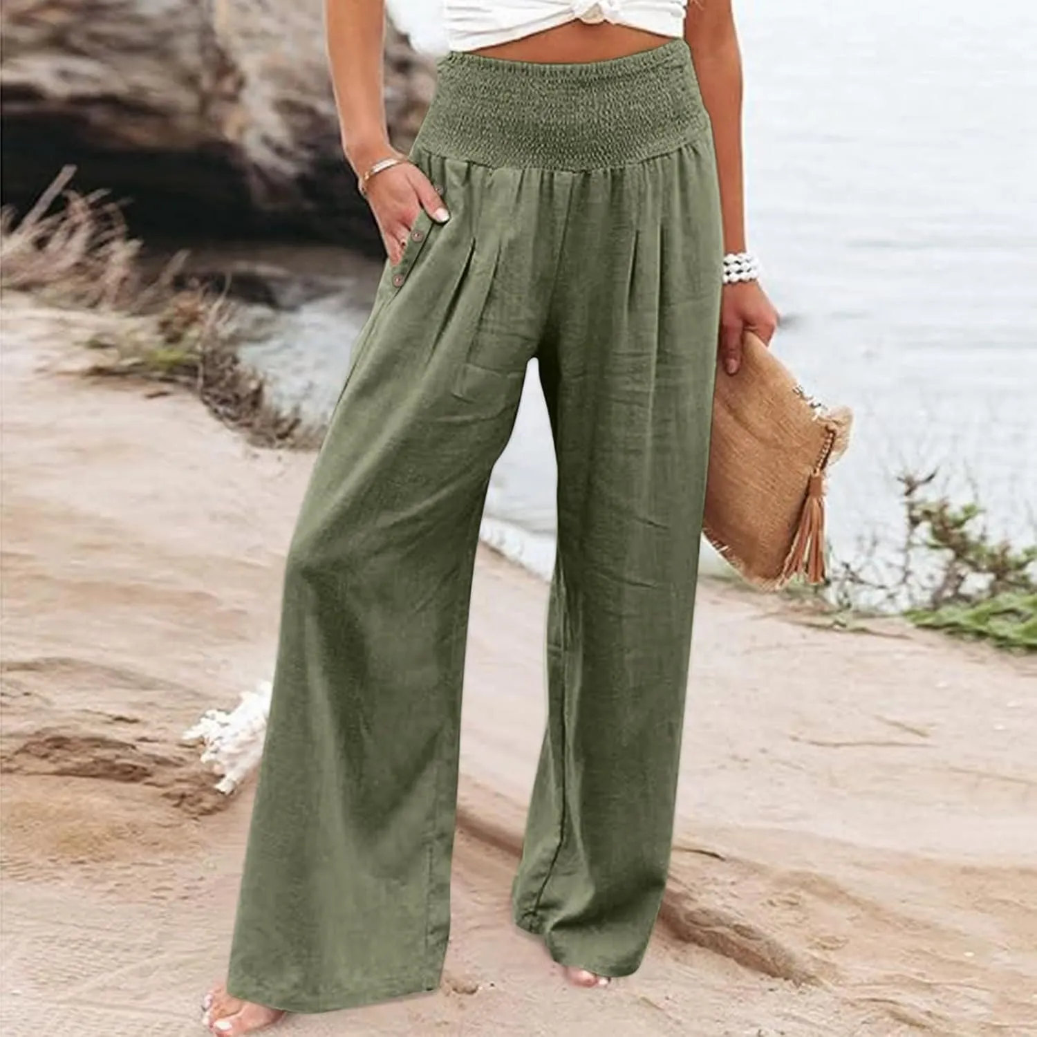 Women Beach Linen Pant Trendy Wide Leg Hawaiian Joggers Boho Flowy Trouser Office Work Relax Fit Palazzo Casual Pants