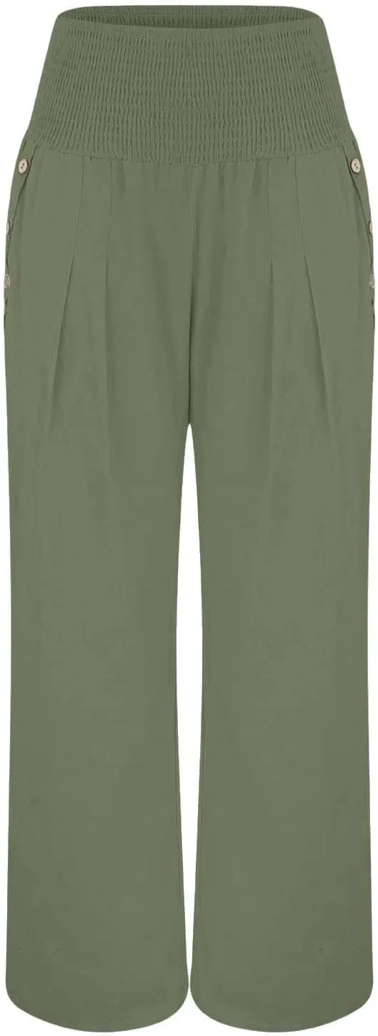 Women Beach Linen Pant Trendy Wide Leg Hawaiian Joggers Boho Flowy Trouser Office Work Relax Fit Palazzo Casual Pants