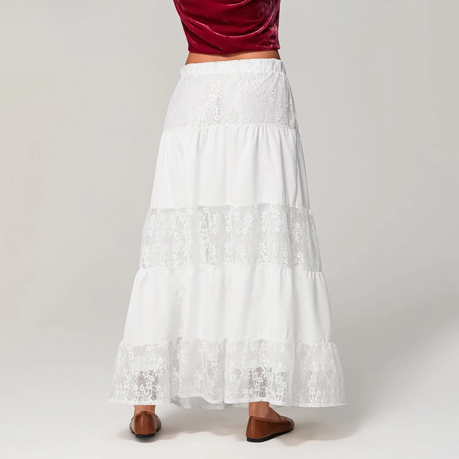 Women Boho Elastic Low Waist Foral Embroidery Eyelet A-line Ruffle Lace Trim Tiered Flowy Swing Casual Beach Maxi Skirt
