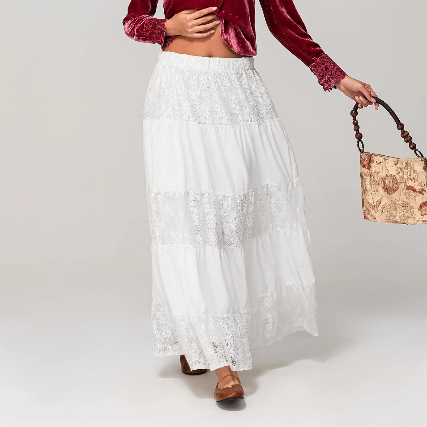 Women Boho Elastic Low Waist Foral Embroidery Eyelet A-line Ruffle Lace Trim Tiered Flowy Swing Casual Beach Maxi Skirt