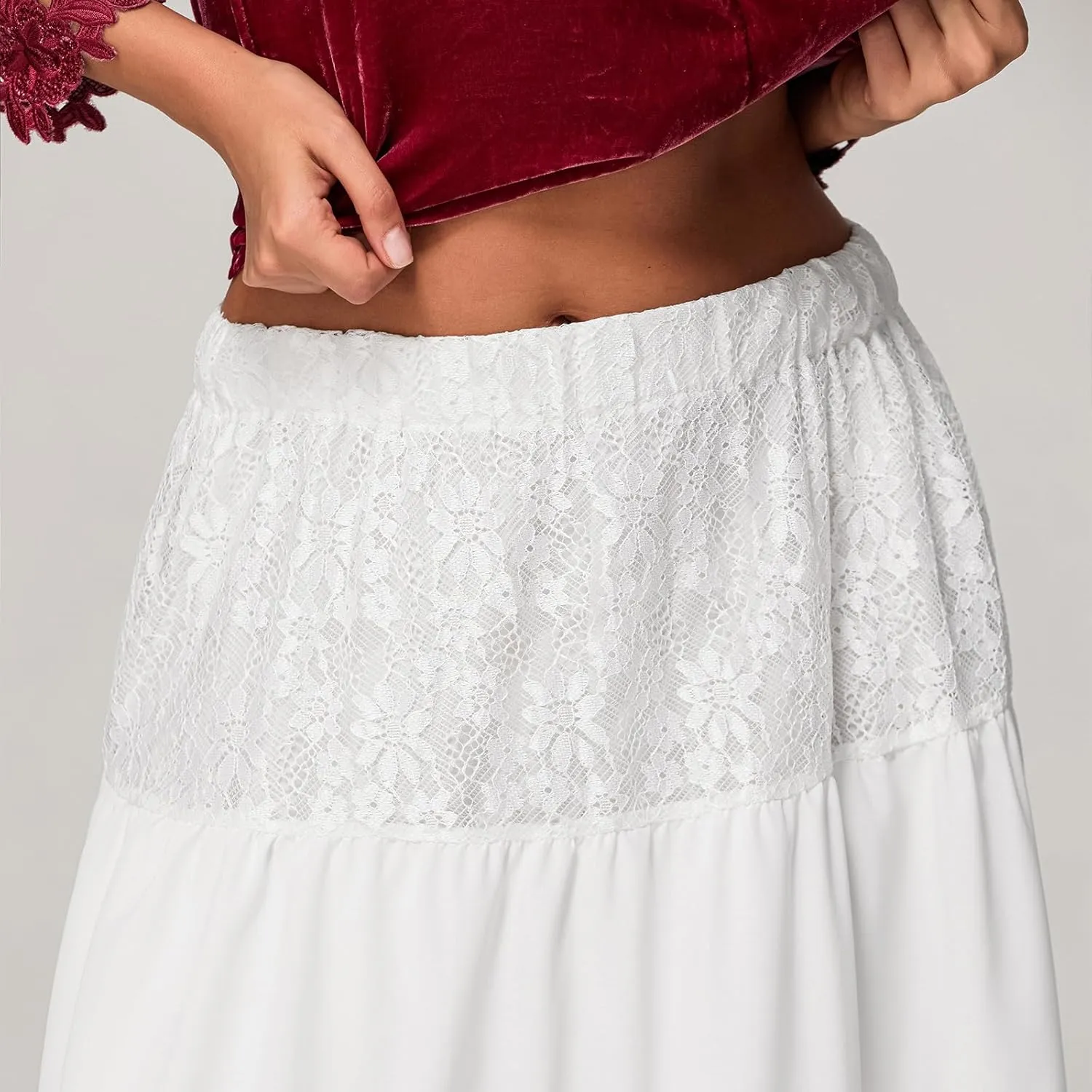 Women Boho Elastic Low Waist Foral Embroidery Eyelet A-line Ruffle Lace Trim Tiered Flowy Swing Casual Beach Maxi Skirt