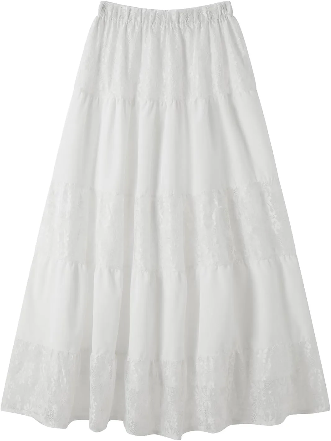 Women Boho Elastic Low Waist Foral Embroidery Eyelet A-line Ruffle Lace Trim Tiered Flowy Swing Casual Beach Maxi Skirt