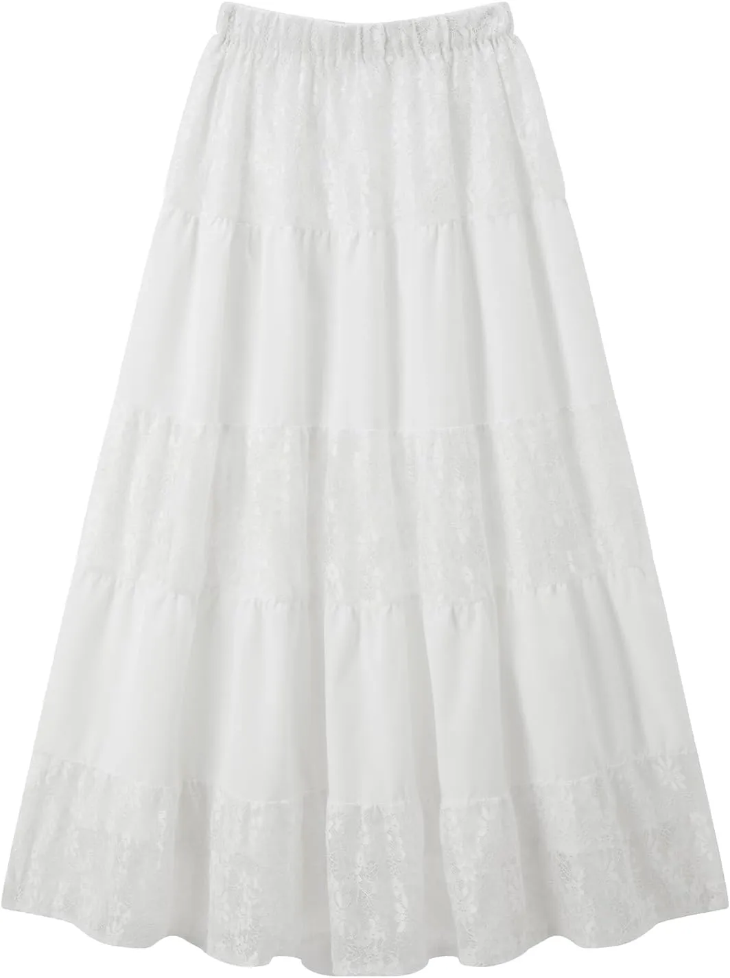 Women Boho Elastic Low Waist Foral Embroidery Eyelet A-line Ruffle Lace Trim Tiered Flowy Swing Casual Beach Maxi Skirt