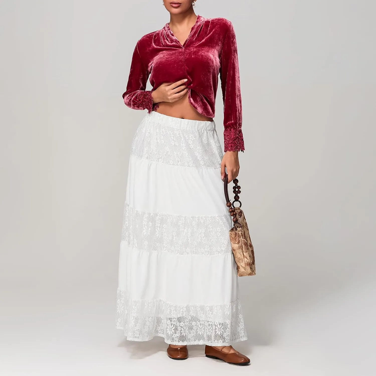 Women Boho Elastic Low Waist Foral Embroidery Eyelet A-line Ruffle Lace Trim Tiered Flowy Swing Casual Beach Maxi Skirt