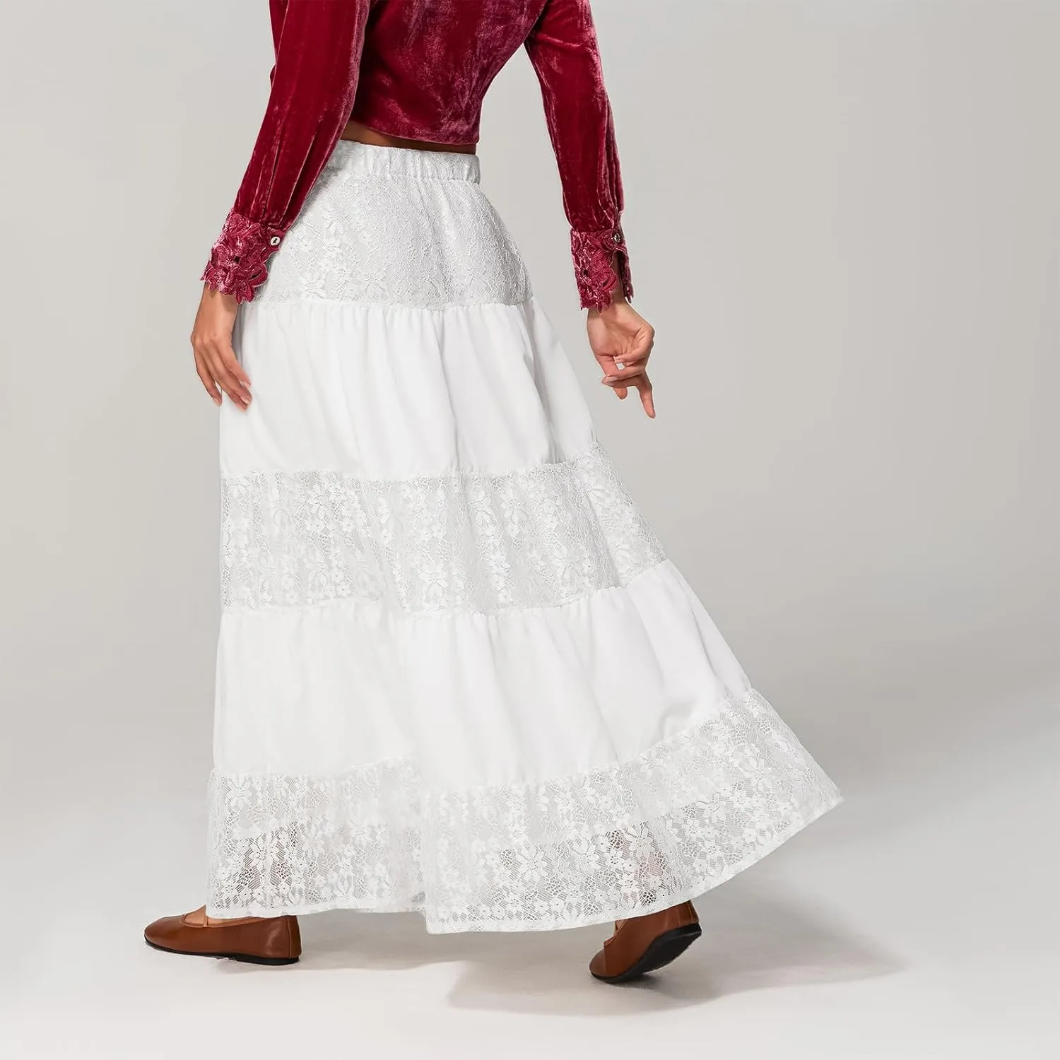 Women Boho Elastic Low Waist Foral Embroidery Eyelet A-line Ruffle Lace Trim Tiered Flowy Swing Casual Beach Maxi Skirt