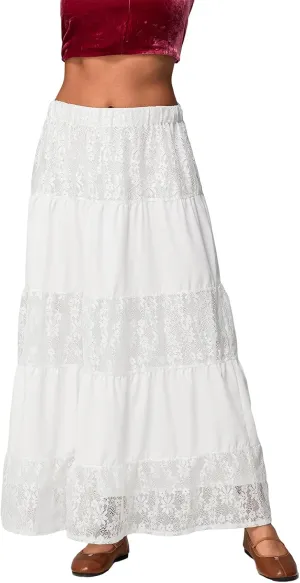 Women Boho Elastic Low Waist Foral Embroidery Eyelet A-line Ruffle Lace Trim Tiered Flowy Swing Casual Beach Maxi Skirt