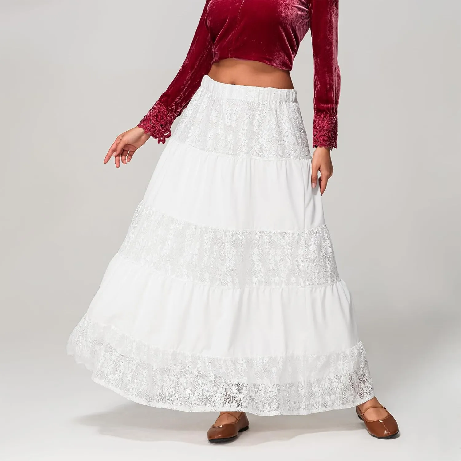 Women Boho Elastic Low Waist Foral Embroidery Eyelet A-line Ruffle Lace Trim Tiered Flowy Swing Casual Beach Maxi Skirt