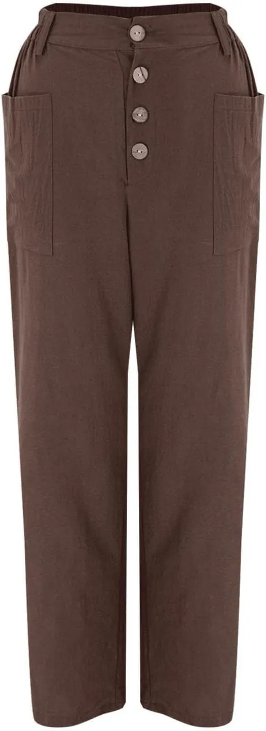 Women Button Linen Pant Trendy Straight Leg High Waisted Roll-up Leg Pockets Trousers Street Hip Hop Y2K Casual Pants