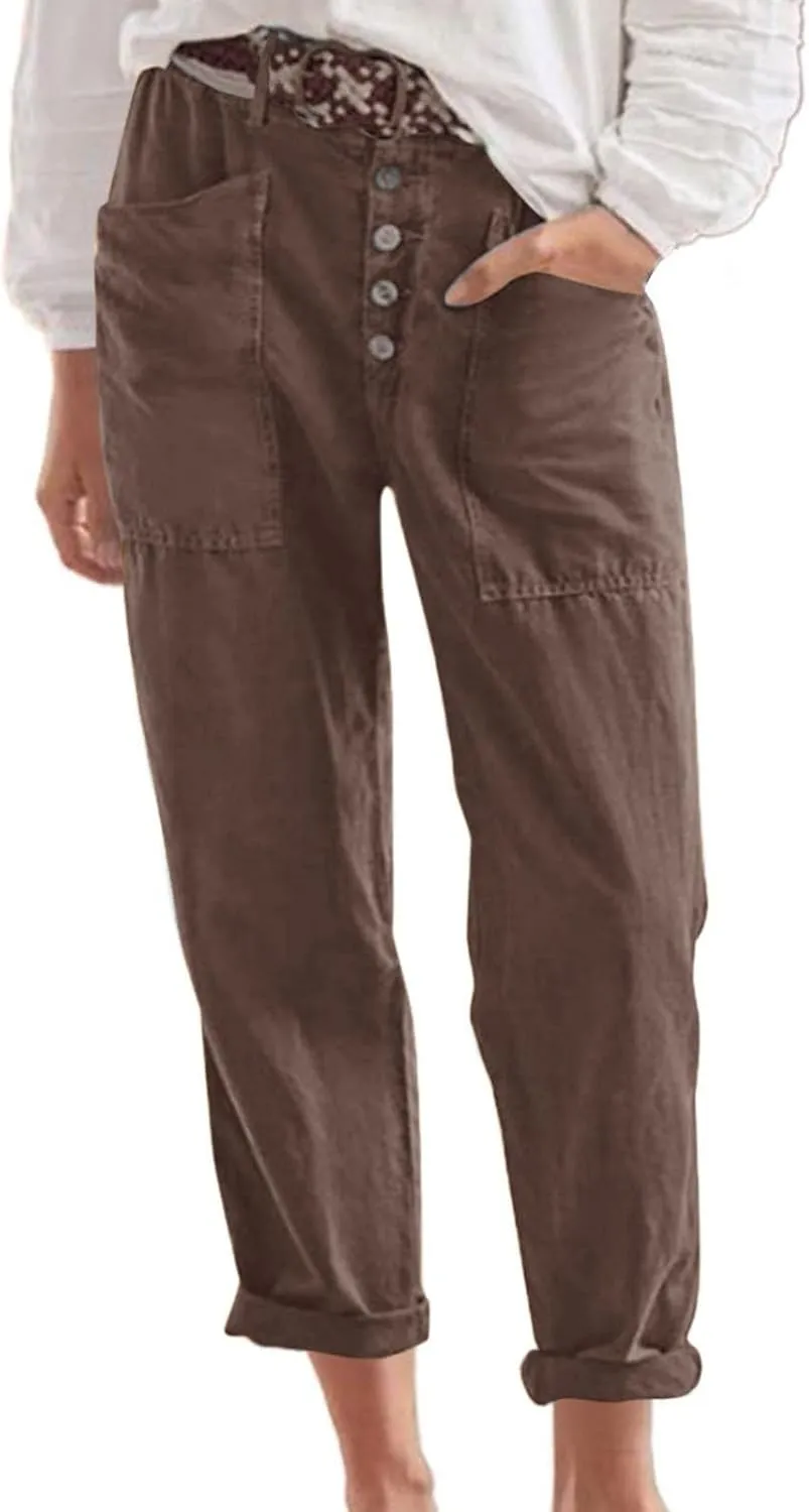Women Button Linen Pant Trendy Straight Leg High Waisted Roll-up Leg Pockets Trousers Street Hip Hop Y2K Casual Pants