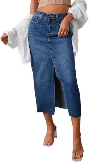Women Casual High Waisted Denim Maxi Skirts Vintage Frayed Hem Split A-Line Long Jean Skirts with Pockets