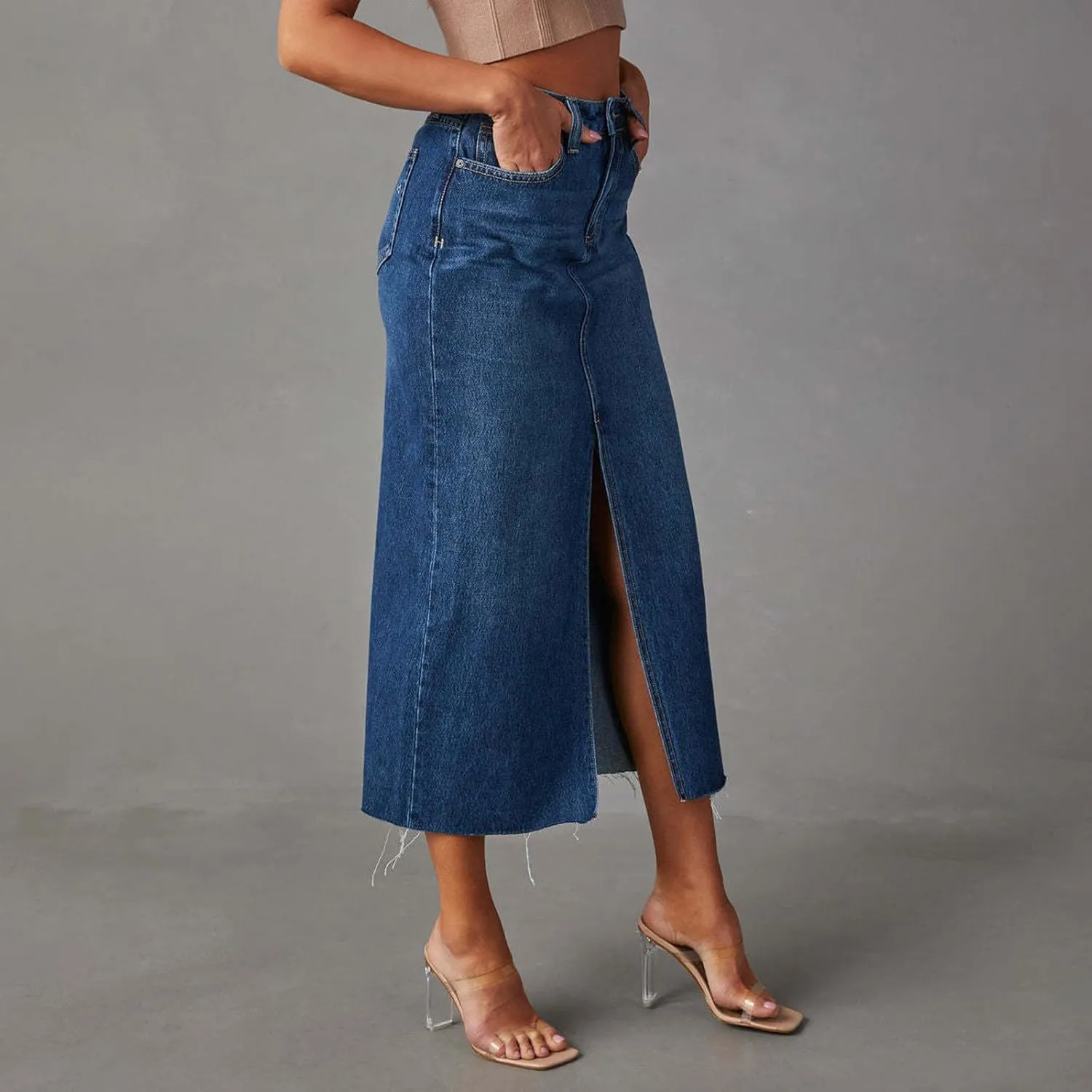 Women Casual High Waisted Denim Maxi Skirts Vintage Frayed Hem Split A-Line Long Jean Skirts with Pockets