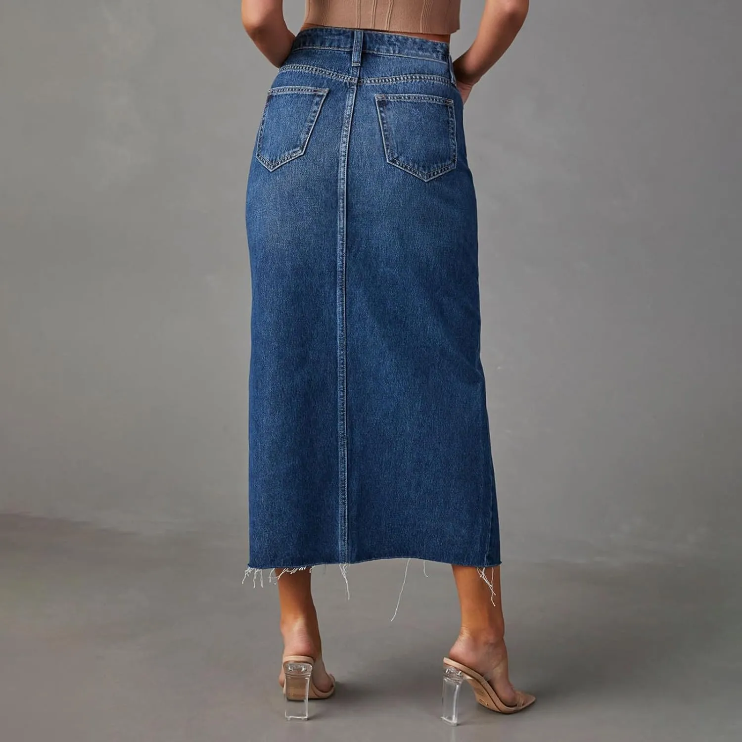 Women Casual High Waisted Denim Maxi Skirts Vintage Frayed Hem Split A-Line Long Jean Skirts with Pockets