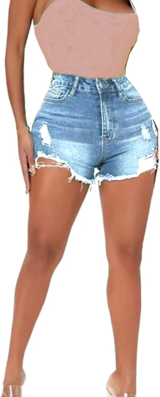 Women Distressed Stretchy Denim Shorts Junior Ripped Frayed Raw Hem Casual High Waisted Jeans Shorts
