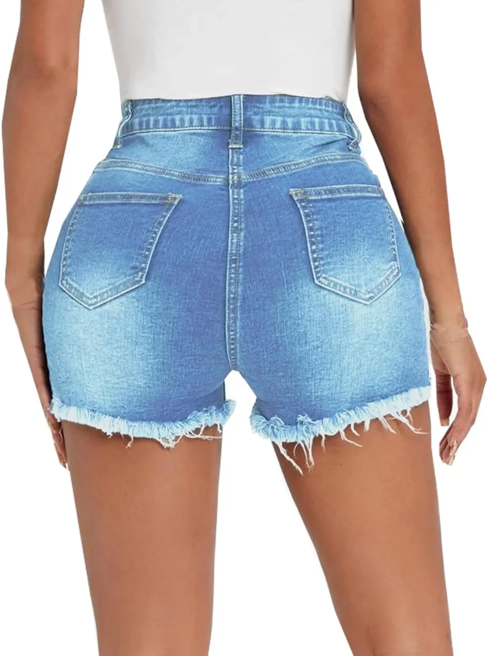 Women Distressed Stretchy Denim Shorts Junior Ripped Frayed Raw Hem Casual High Waisted Jeans Shorts
