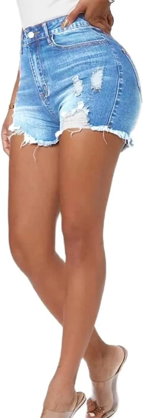Women Distressed Stretchy Denim Shorts Junior Ripped Frayed Raw Hem Casual High Waisted Jeans Shorts