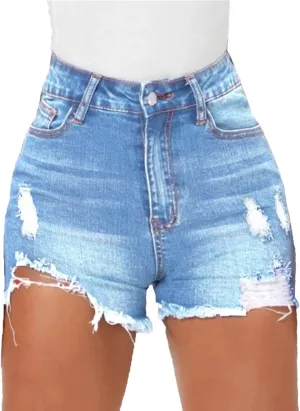 Women Distressed Stretchy Denim Shorts Junior Ripped Frayed Raw Hem Casual High Waisted Jeans Shorts