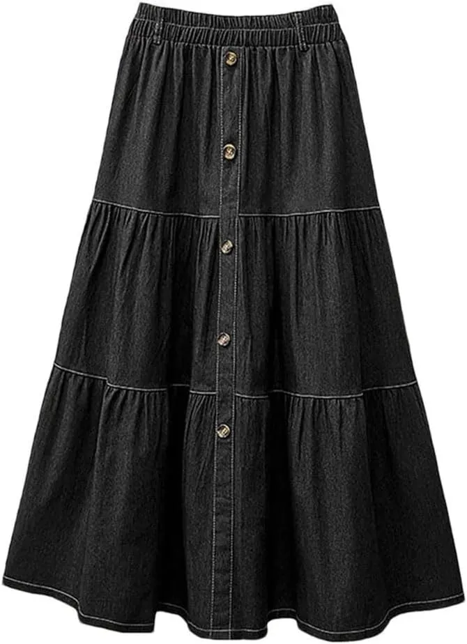 Women Elastic Waist Solid Skirts Fashion Denim Skirt A-Line Work Overskirts Casual Loose Holiday Jupe