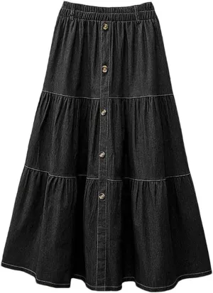 Women Elastic Waist Solid Skirts Fashion Denim Skirt A-Line Work Overskirts Casual Loose Holiday Jupe