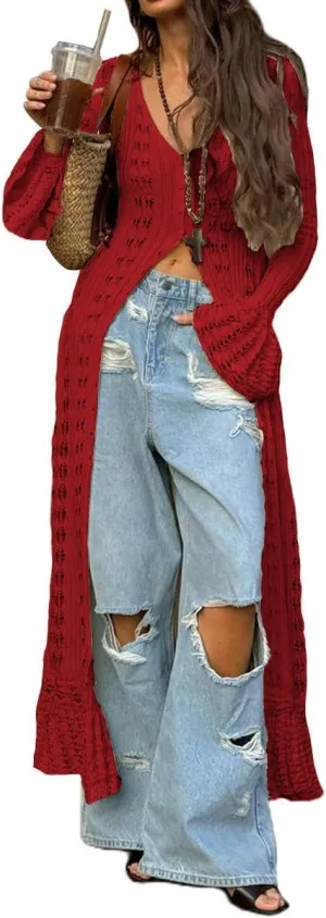Women Elegant Crochet Knit Maxi Dress Button Down Hollow Out Cover Up Vacation Long Dress