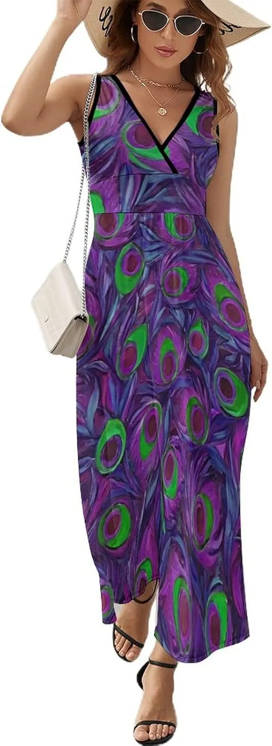 Women Girls V-Neck Sleeveless Flared Midi Dress for Party Holiday Beach