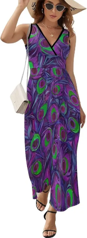 Women Girls V-Neck Sleeveless Flared Midi Dress for Party Holiday Beach