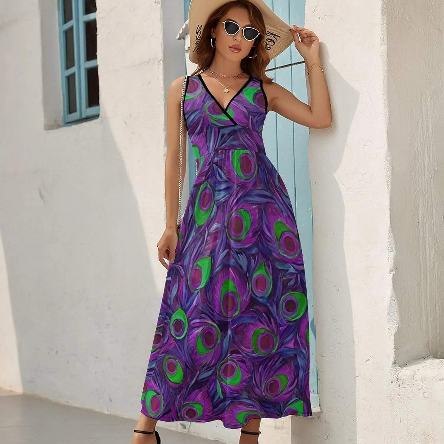 Women Girls V-Neck Sleeveless Flared Midi Dress for Party Holiday Beach