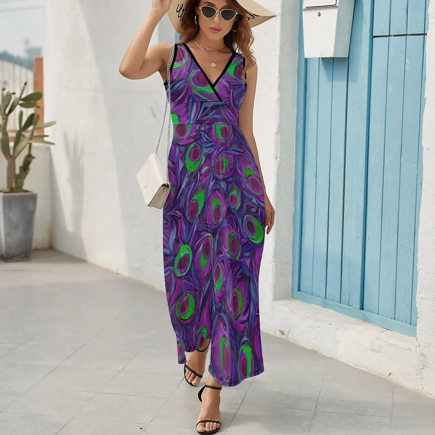 Women Girls V-Neck Sleeveless Flared Midi Dress for Party Holiday Beach