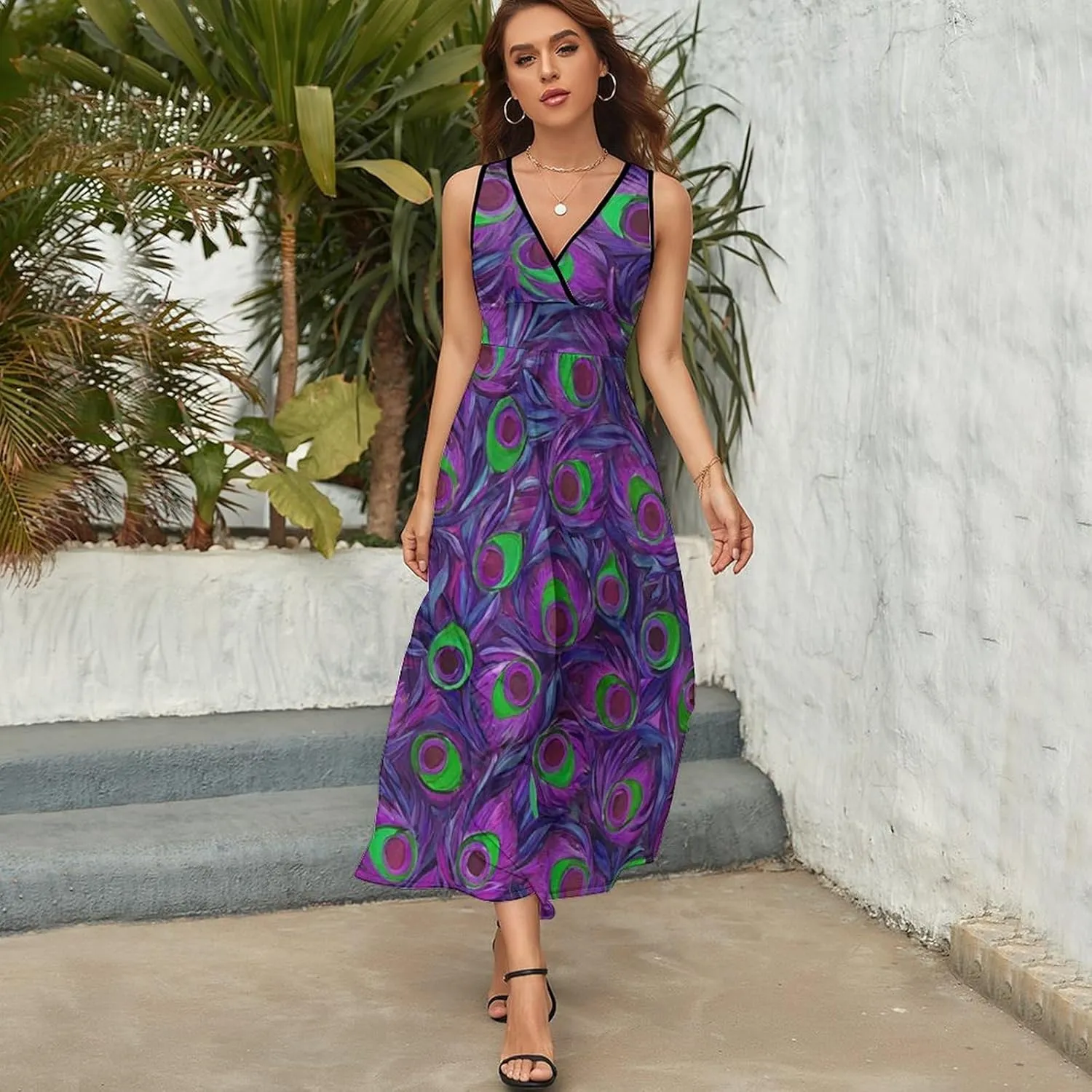 Women Girls V-Neck Sleeveless Flared Midi Dress for Party Holiday Beach