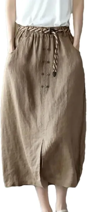 Women High Waist Casual Skirts Arrival Summer Vintage Style Loose Cotton Linen A-Line Long Skirt