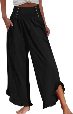 Women High Waisted Linen Palazzo Pants Trendy Pleated Smocked Waist Ruffle Hem Trousers Office Work Dress Casual Pant