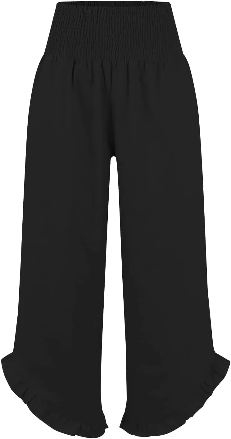 Women High Waisted Linen Palazzo Pants Trendy Pleated Smocked Waist Ruffle Hem Trousers Office Work Dress Casual Pant
