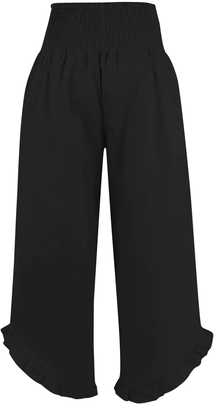 Women High Waisted Linen Palazzo Pants Trendy Pleated Smocked Waist Ruffle Hem Trousers Office Work Dress Casual Pant
