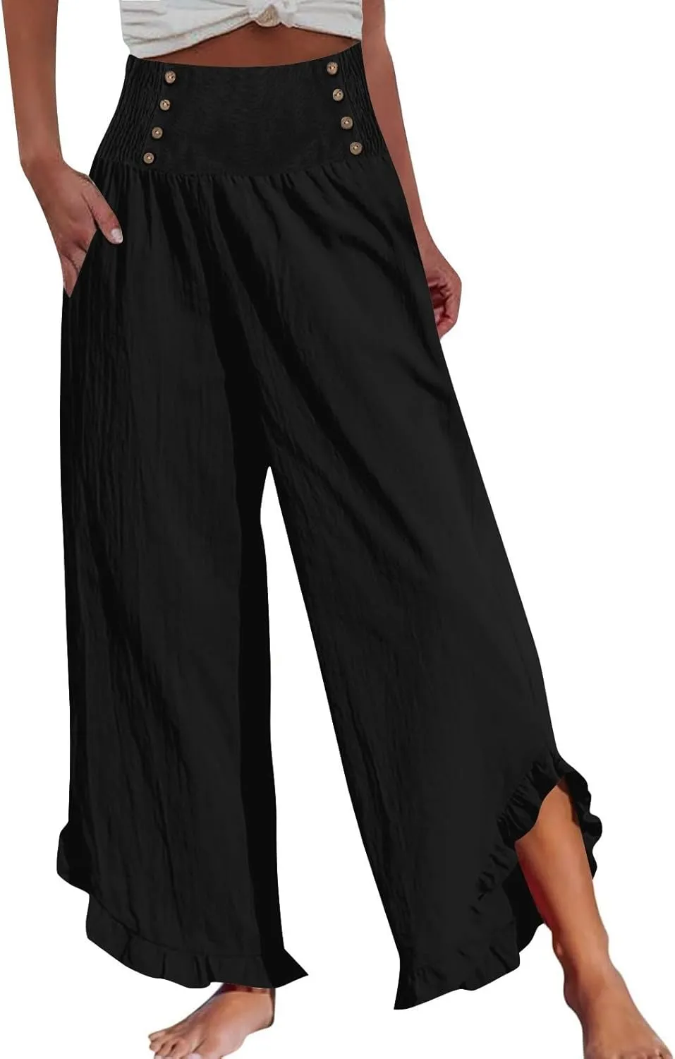 Women High Waisted Linen Palazzo Pants Trendy Pleated Smocked Waist Ruffle Hem Trousers Office Work Dress Casual Pant