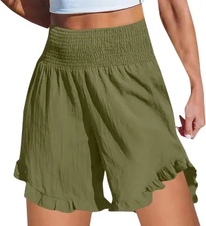Women High Waisted Ruffle Hem Shorts Stylish Active Activities Loose Fit Casual Wear Pant Beach Boho Flowy Yoga Short