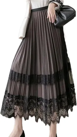 Women Pleated Elegant Party Skirts Fashion High Waist Lace Mesh Patchwork A-Line Maxi Skirt
