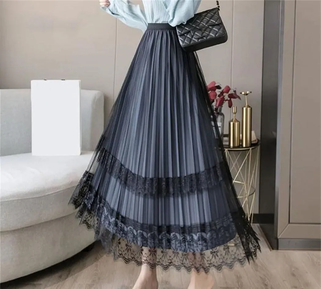 Women Pleated Elegant Party Skirts Fashion High Waist Lace Mesh Patchwork A-Line Maxi Skirt