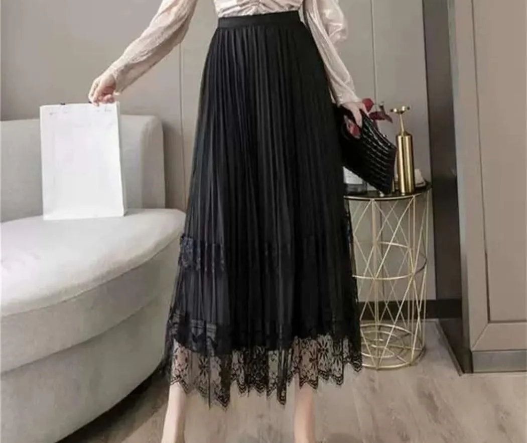 Women Pleated Elegant Party Skirts Fashion High Waist Lace Mesh Patchwork A-Line Maxi Skirt