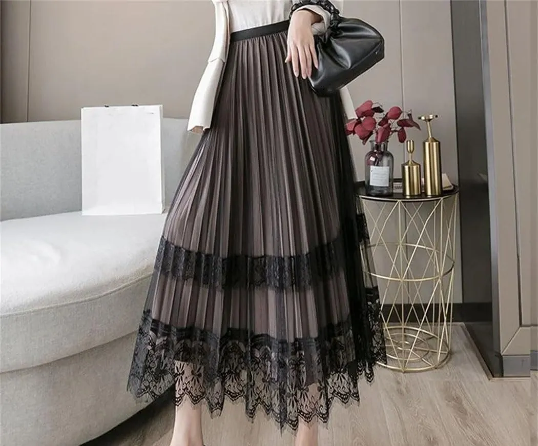 Women Pleated Elegant Party Skirts Fashion High Waist Lace Mesh Patchwork A-Line Maxi Skirt