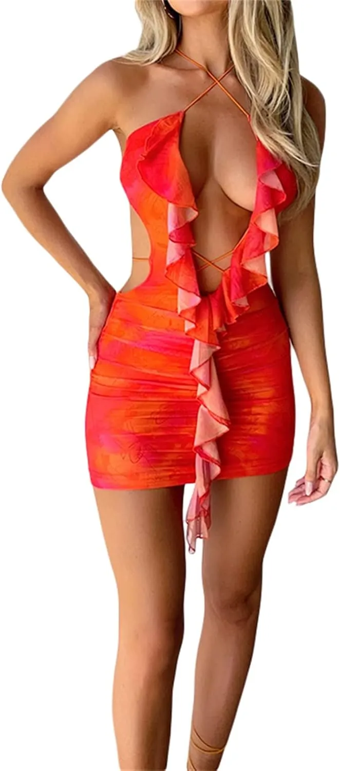 Women Ruffle Hem Mini Dress Y2k Halter Irregular Floral Tassel Dress LowCut Bodycon Mini Dress Party Streetwear
