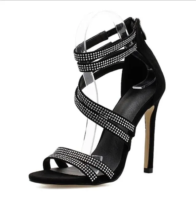Women Sandals Open Toe Rhinestone Straps Cross High Heel