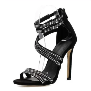 Women Sandals Open Toe Rhinestone Straps Cross High Heel